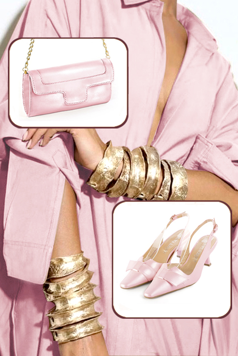 Women's light pink elegant slingback heels, with a bow on the front. Tapered toe. Medium spool heels - Top view